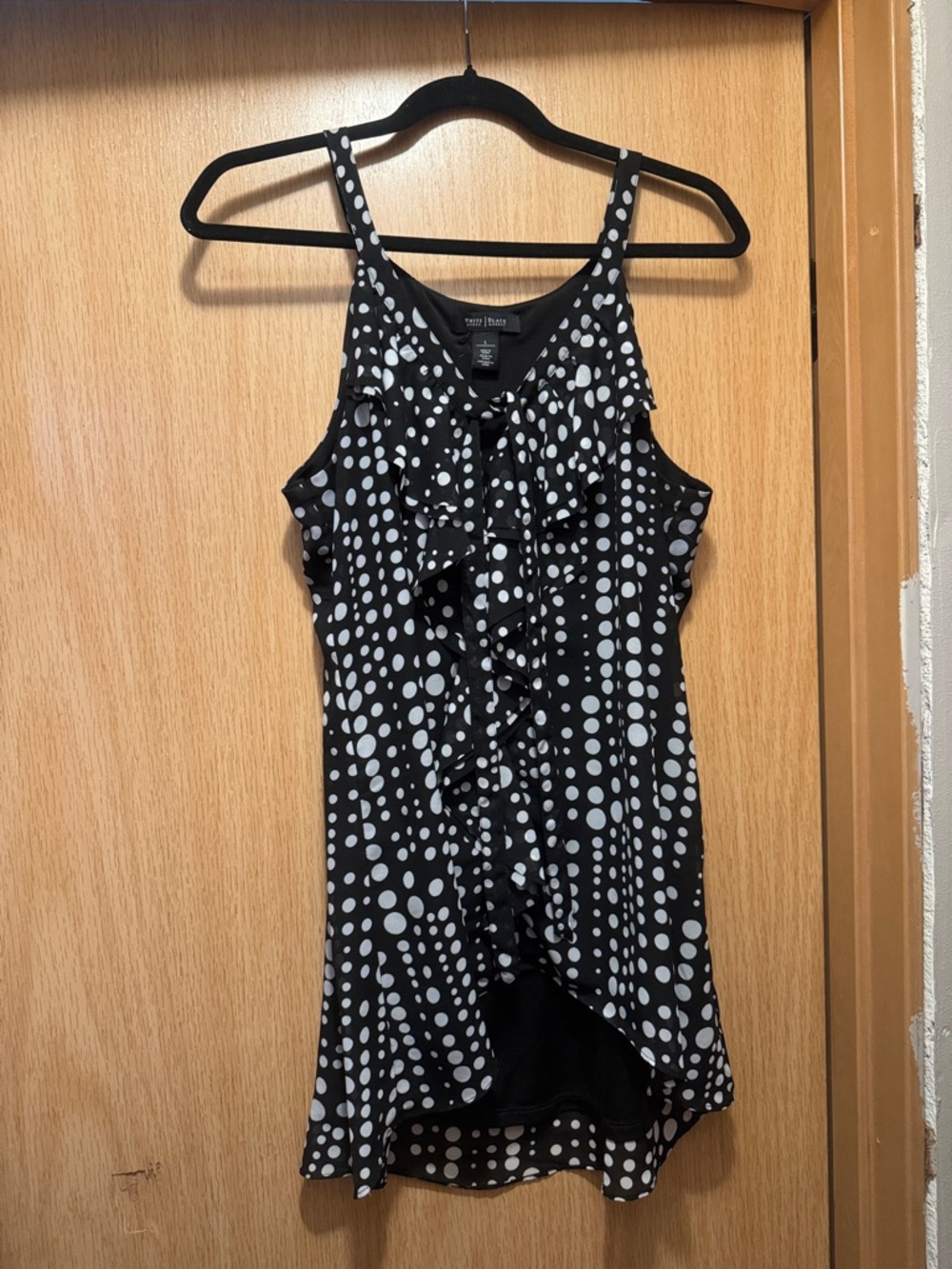 White House Black Market Black Top with White Polka Accents